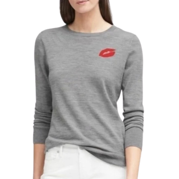 BANANA REPUBLIC Grey Merino Wool Crewneck Sweater Red Lips Detail Women's XS - Picture 1 of 5
